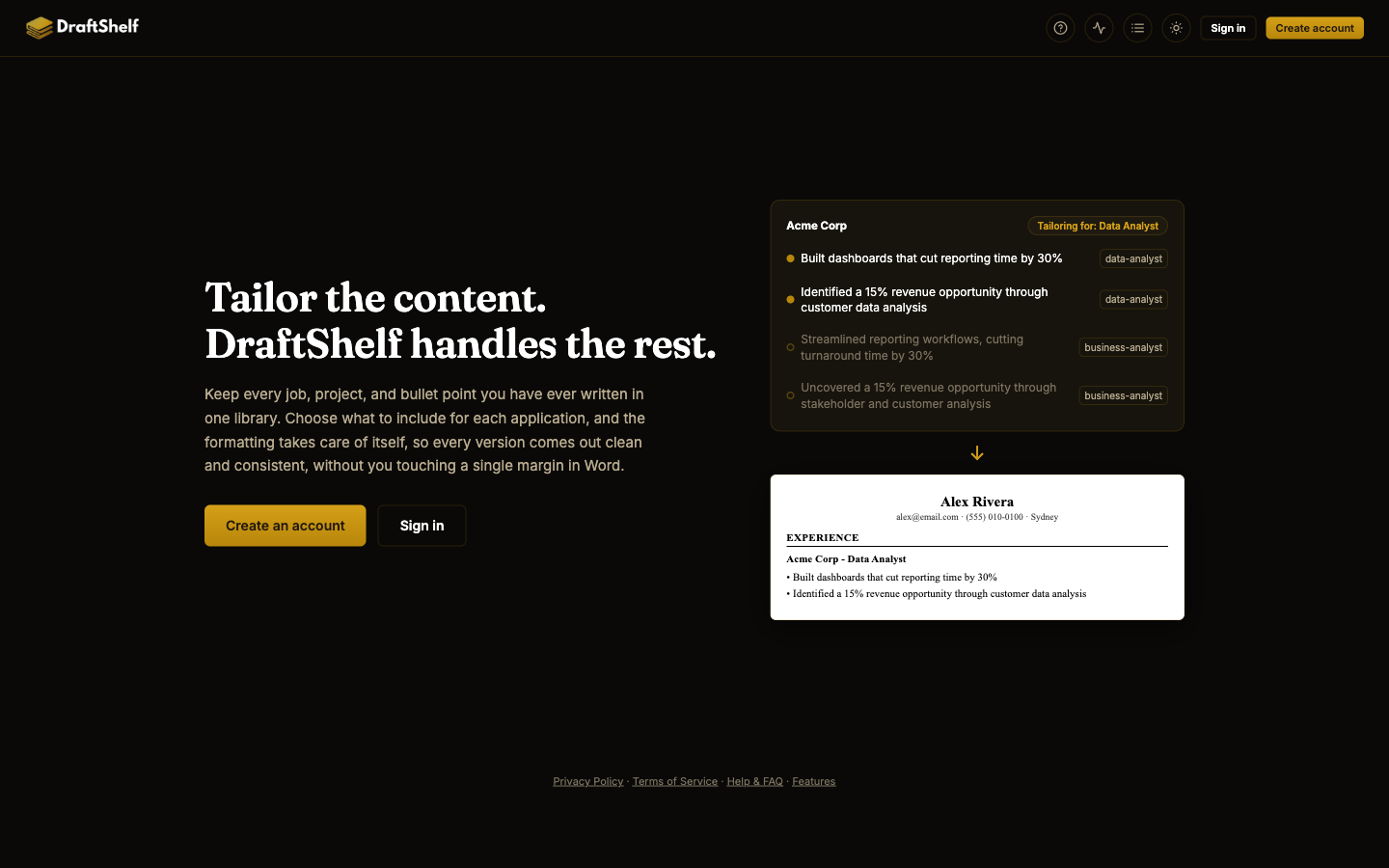 The DraftShelf homepage, with Create an account and Sign in buttons