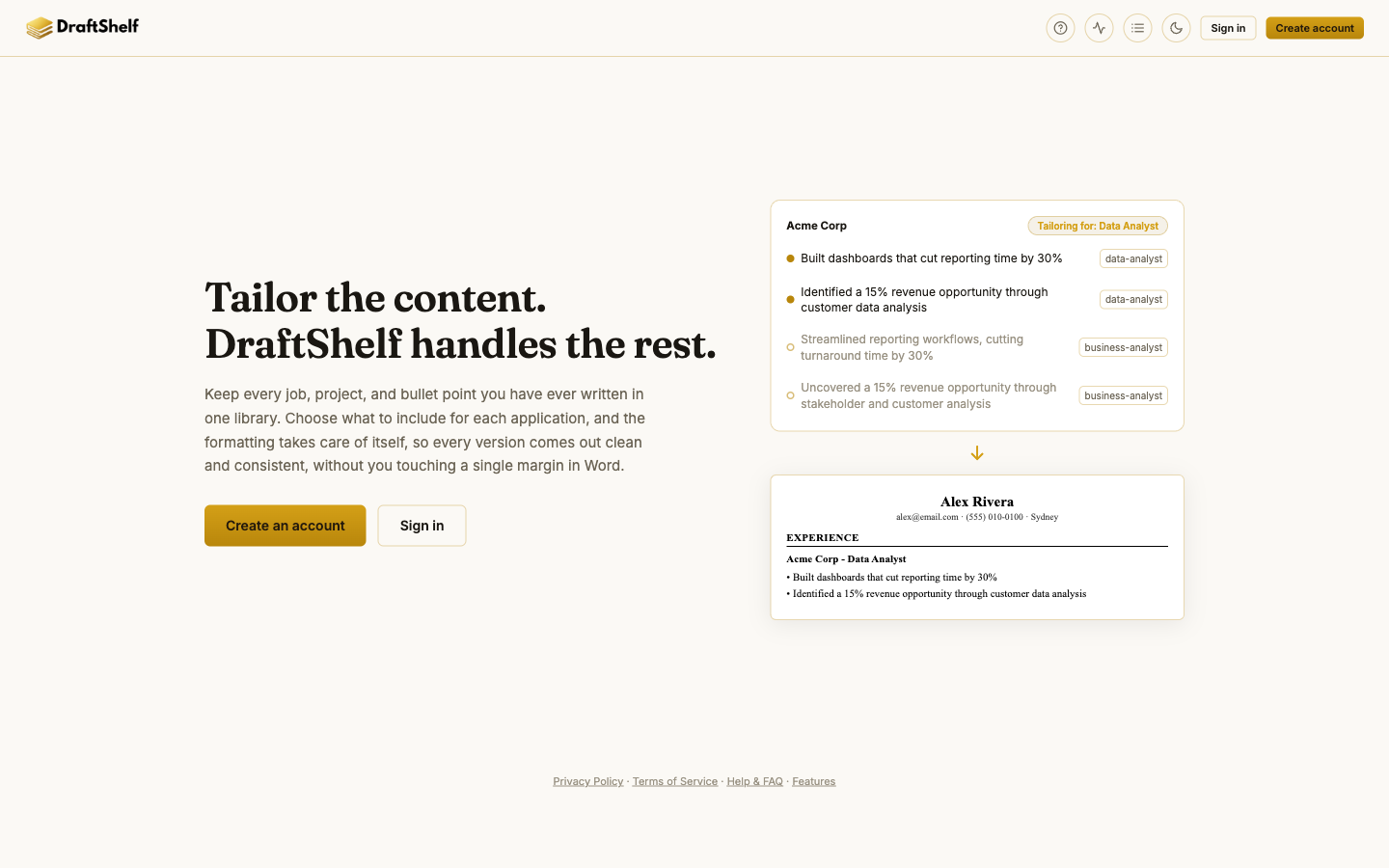 The DraftShelf homepage, with Create an account and Sign in buttons