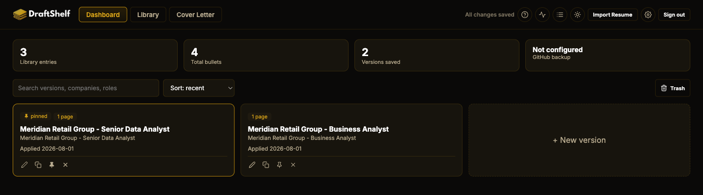 The DraftShelf dashboard, showing two resume version cards and a New version card