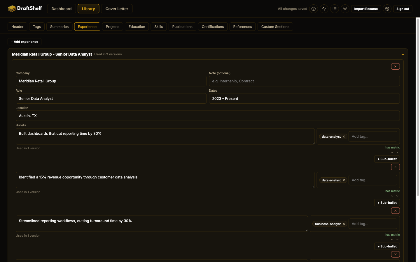 The Library tab's Experience panel, with a company, role, and four tagged bullet points