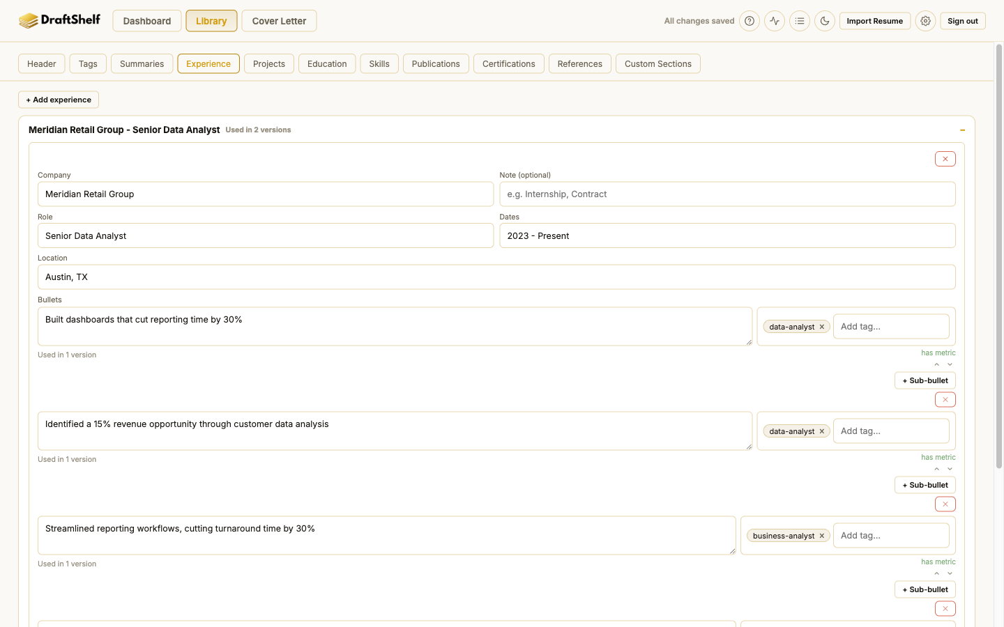 The Library tab's Experience panel, with a company, role, and four tagged bullet points