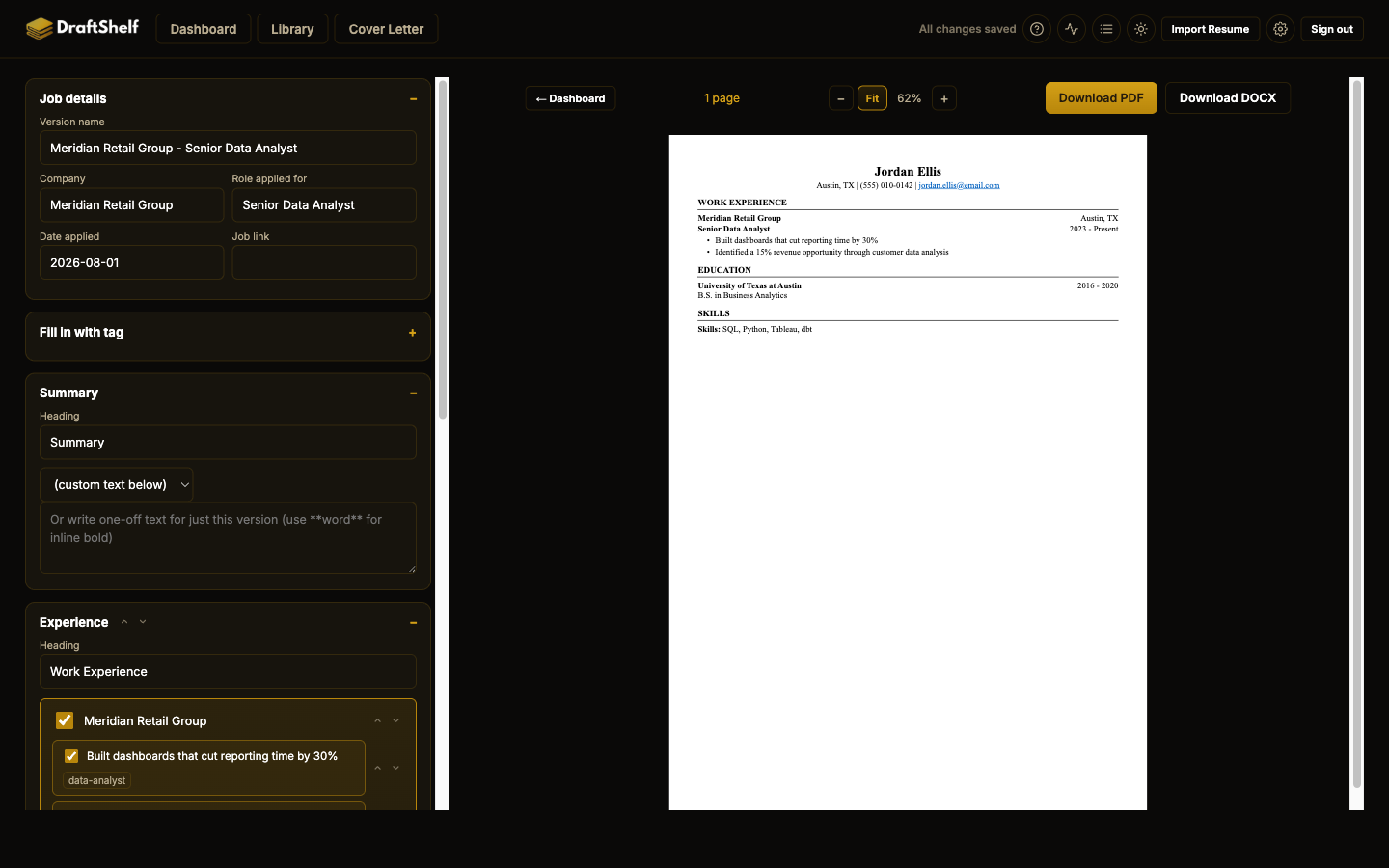 The editor view, with a checklist of experience entries on the left and a live resume preview on the right
