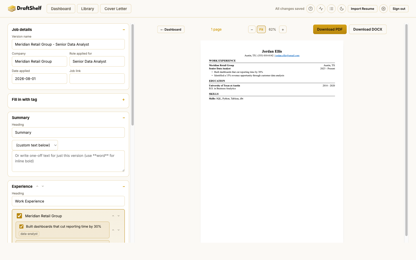 The editor view, with a checklist of experience entries on the left and a live resume preview on the right