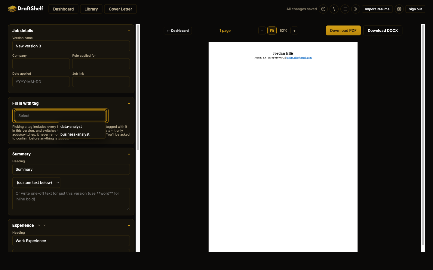 The Fill in with tag panel, open with a dropdown showing two role tags to pick from