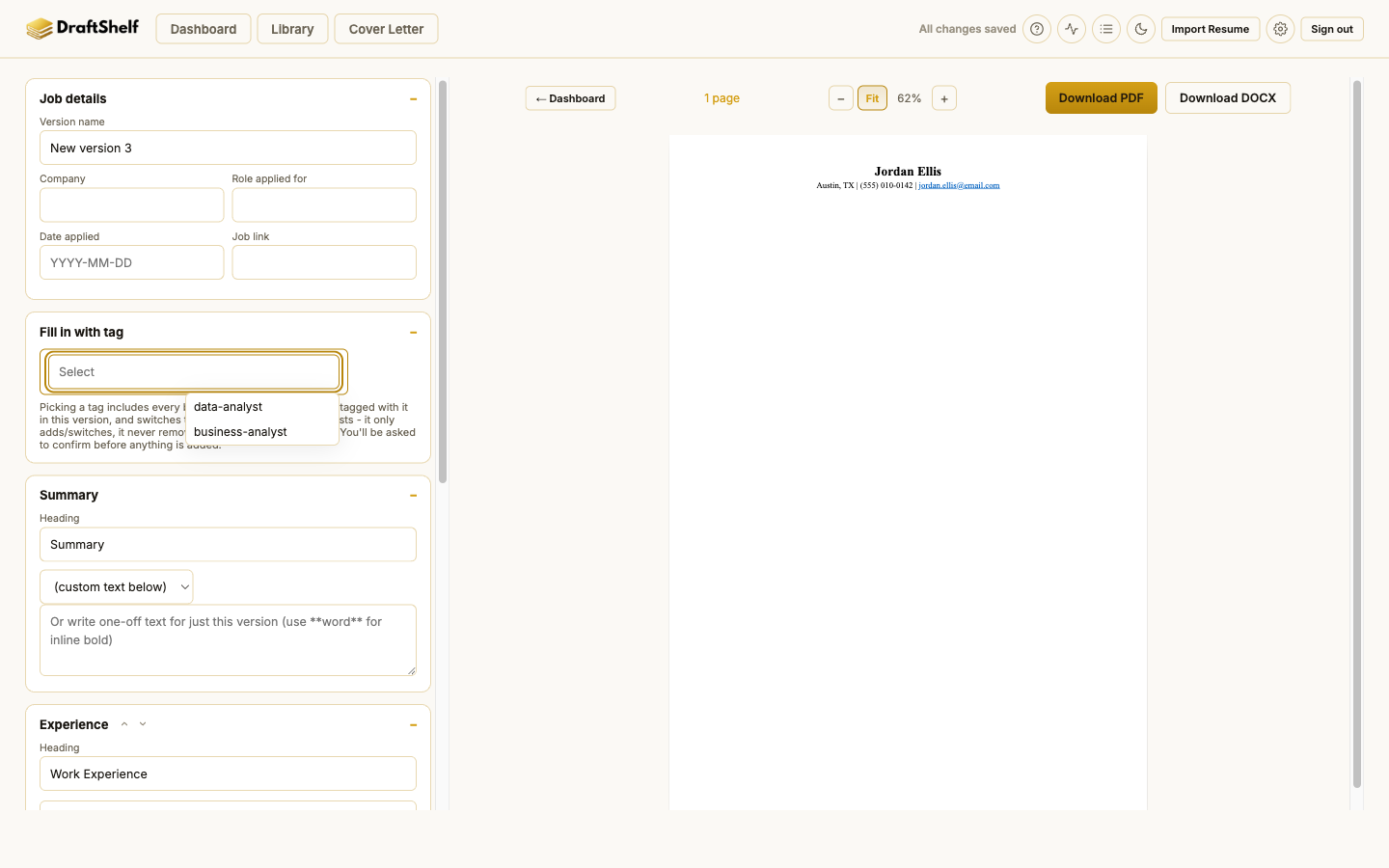 The Fill in with tag panel, open with a dropdown showing two role tags to pick from
