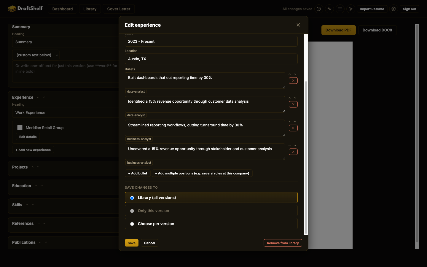 The edit-experience modal, showing four bullets and a Save changes to choice between Library, Only this version, and Choose per version