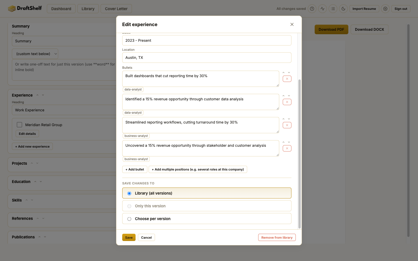 The edit-experience modal, showing four bullets and a Save changes to choice between Library, Only this version, and Choose per version